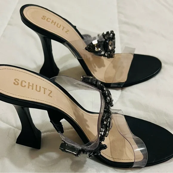 Schutz Laureen Mules Deluxe Nappa Black Crystal Embellished Party Heels - Picture 4 of 6